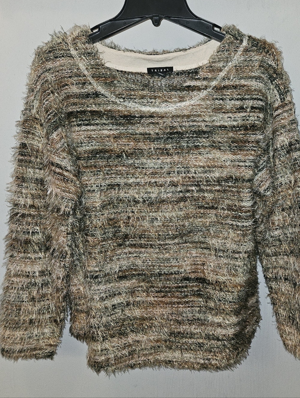 TRIBAL Olive Mixed-Stripe Fuzzy Knit Sweater - Women's